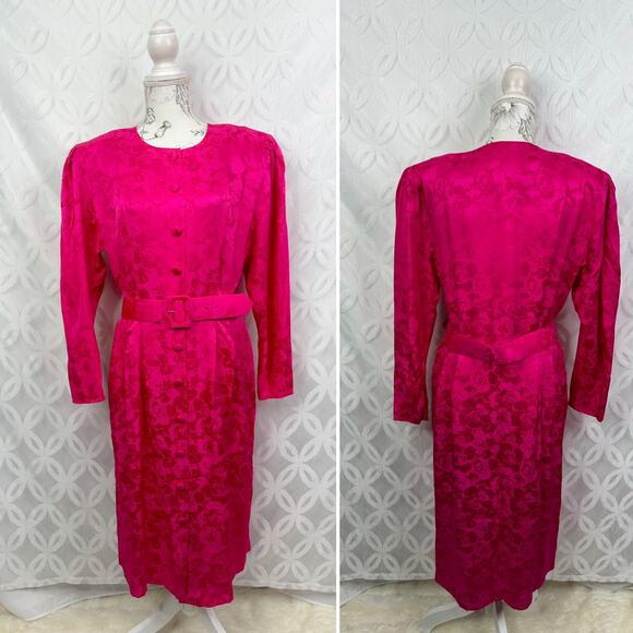 Vintage MS. for Misho 80s Silk Pink Floral Button Belted Midi Dress Size 16 - Picture 1 of 11
